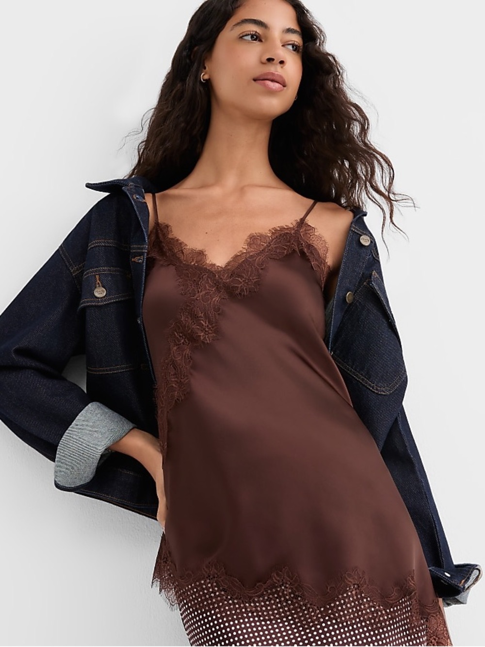 NWT LOFT Chocolate Brown Satin Lace Asymmetrical Cami Tank Top | Trendy Chic
